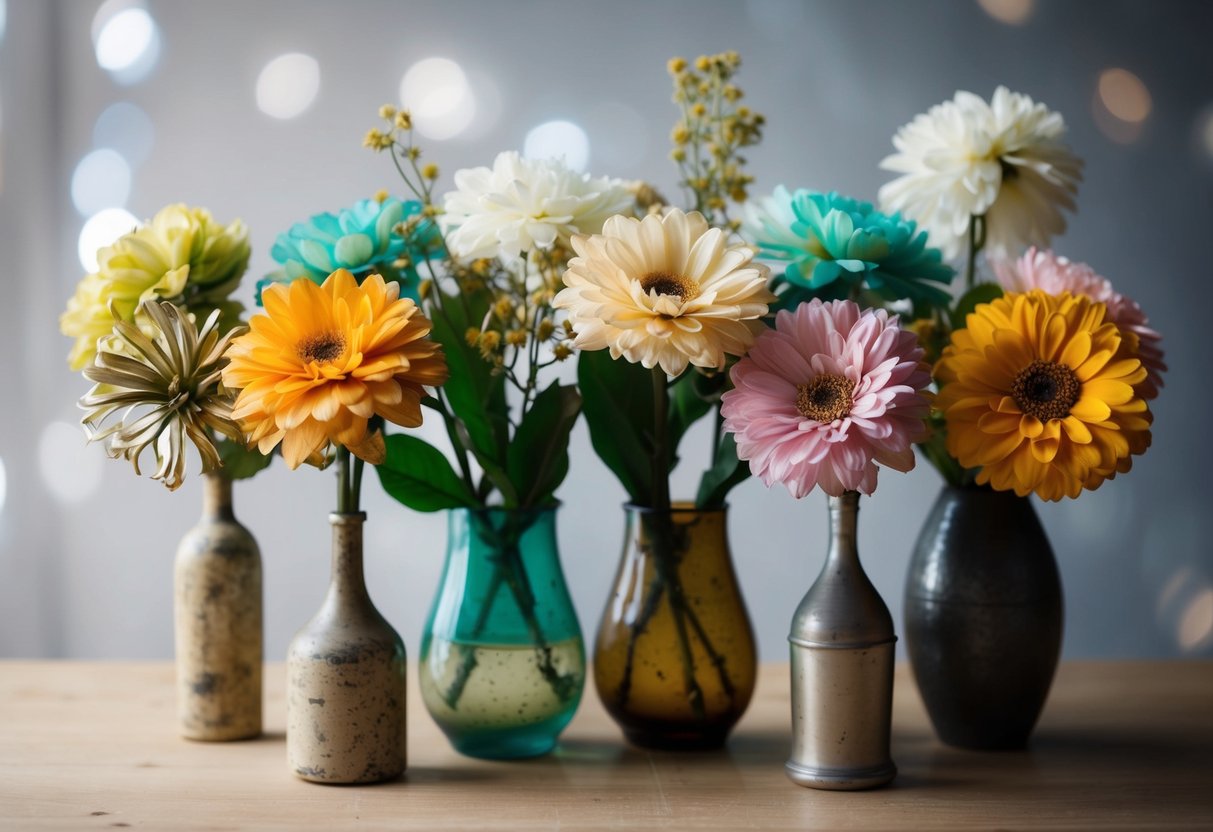 A collection of artificial flowers arranged in a vase, some showing signs of fading and wear, while others appear vibrant and new