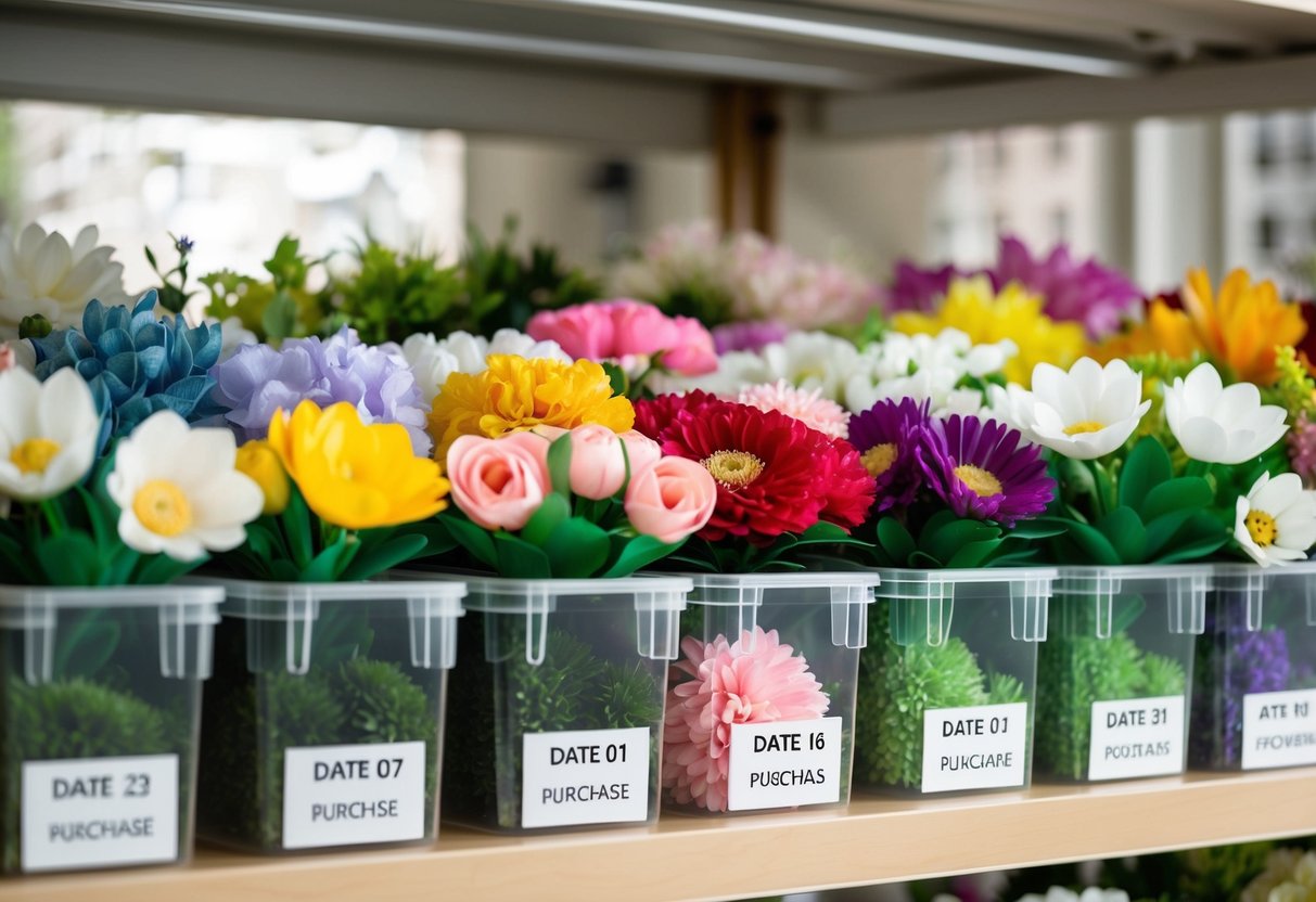 A shelf lined with clear plastic containers filled with neatly arranged fake flowers of various colors and types, each labeled with the date of purchase