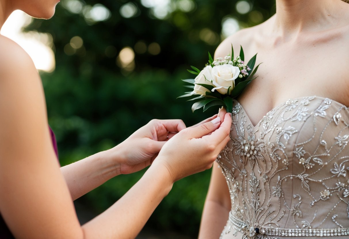 A woman's hand reaching for a corsage on the left side of a dress
