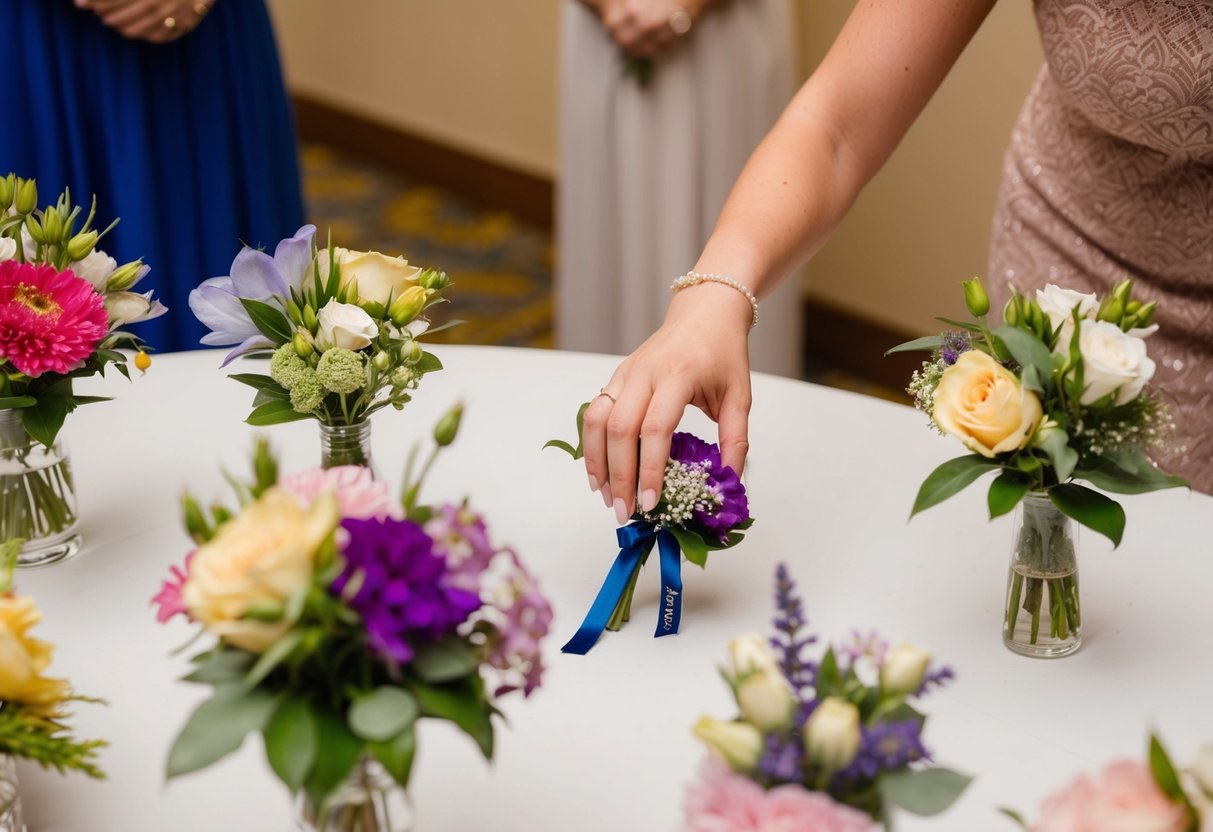 A woman's hand reaches for a corsage on a table of assorted flowers