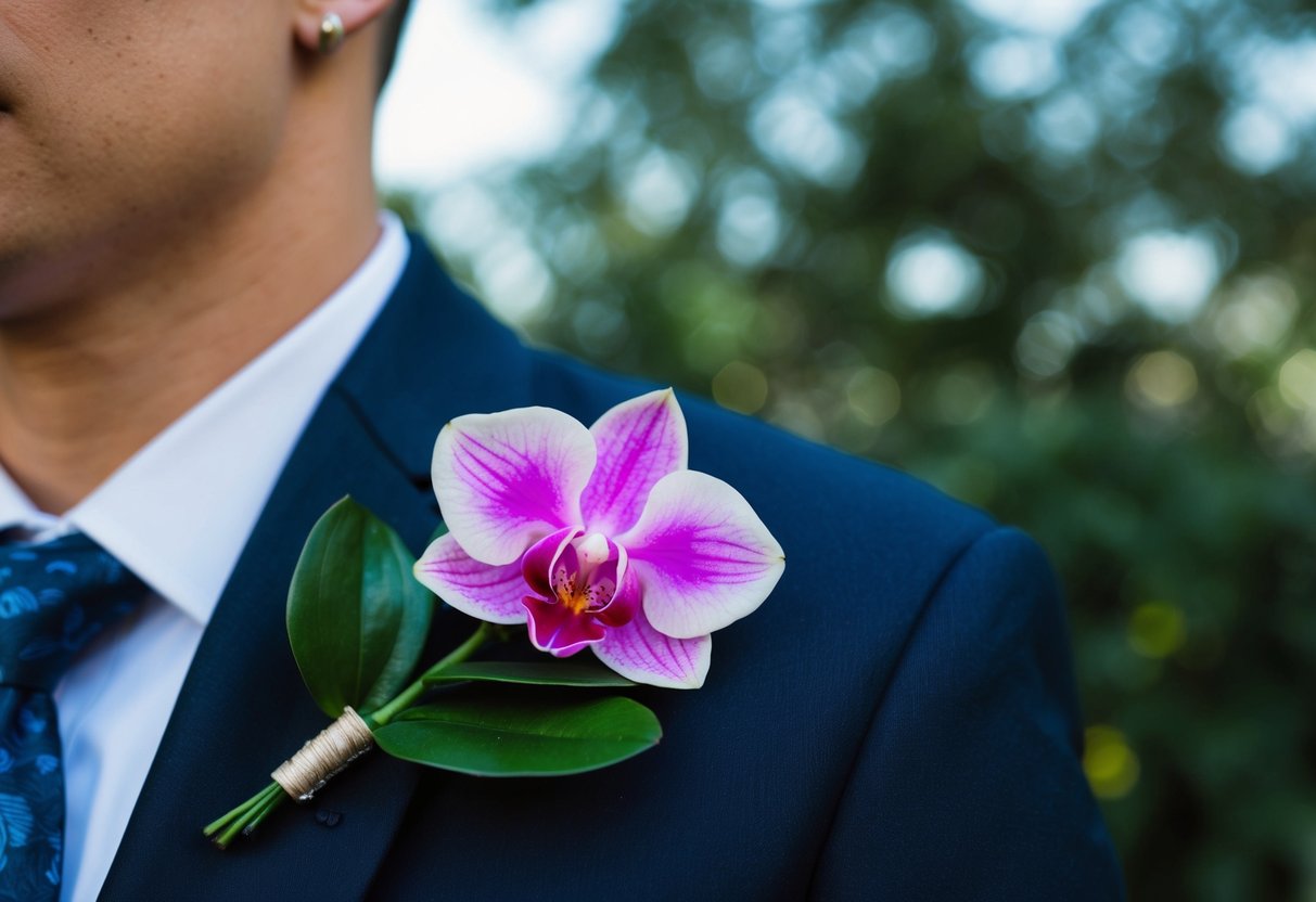 A corsage symbolizes celebration and honor. A single, elegant flower, such as a rose or orchid, pinned to a lapel or dress