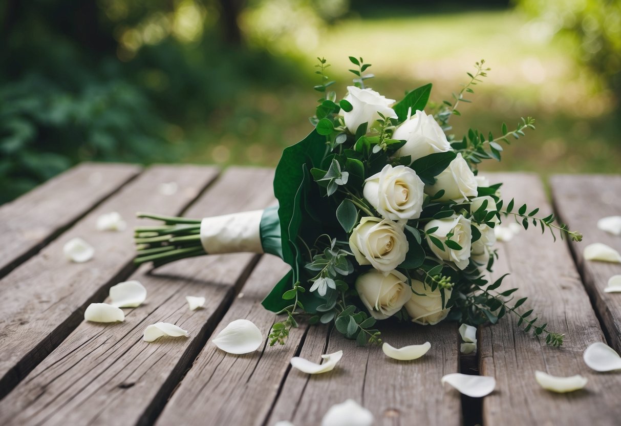 A fake wedding bouquet tossed aside on a rustic wooden table, surrounded by scattered petals and greenery