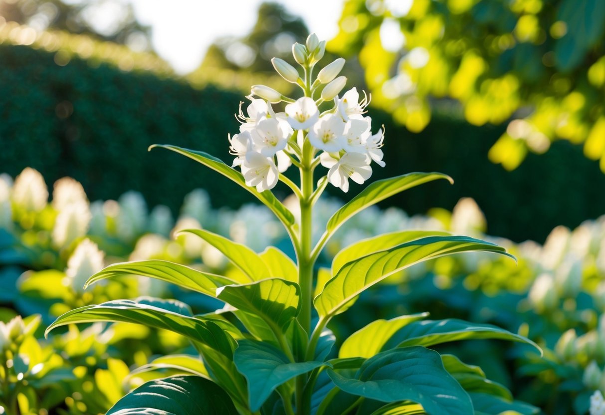 A bride plant with delicate white flowers, surrounded by lush green leaves, stands tall in a sunlit garden