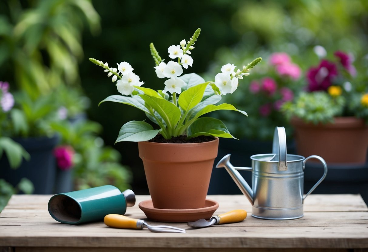 A bride plant sits in a terracotta pot, surrounded by small gardening tools and a watering can. The plant has delicate white flowers and lush green leaves