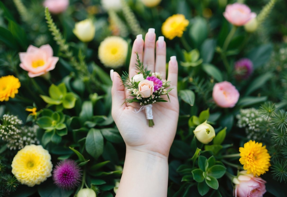 A bride's hand holding a delicate corsage, surrounded by vibrant flowers and greenery, symbolizing the tradition and significance of corsages at weddings