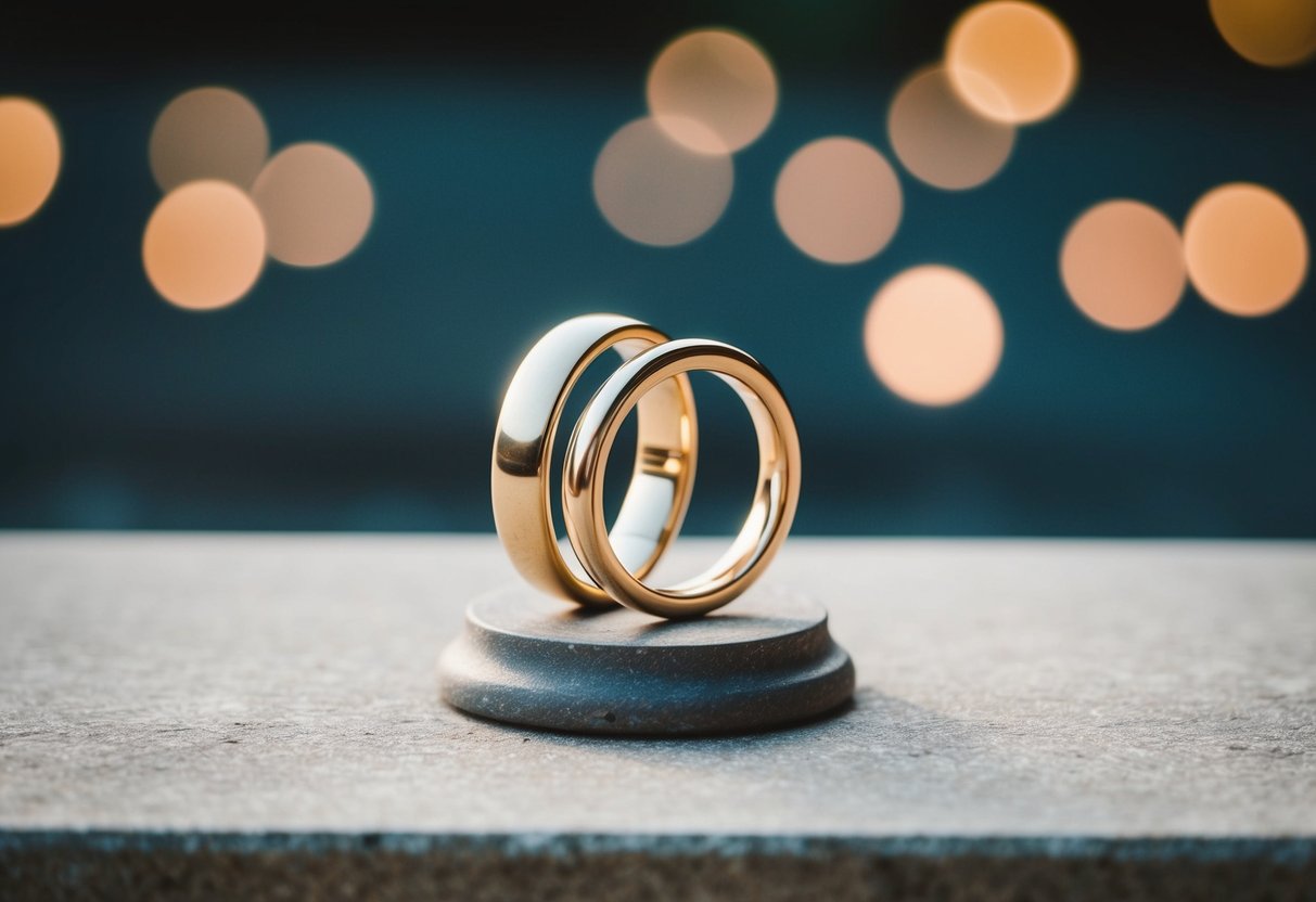 Two intertwined rings on a simple, ancient pedestal