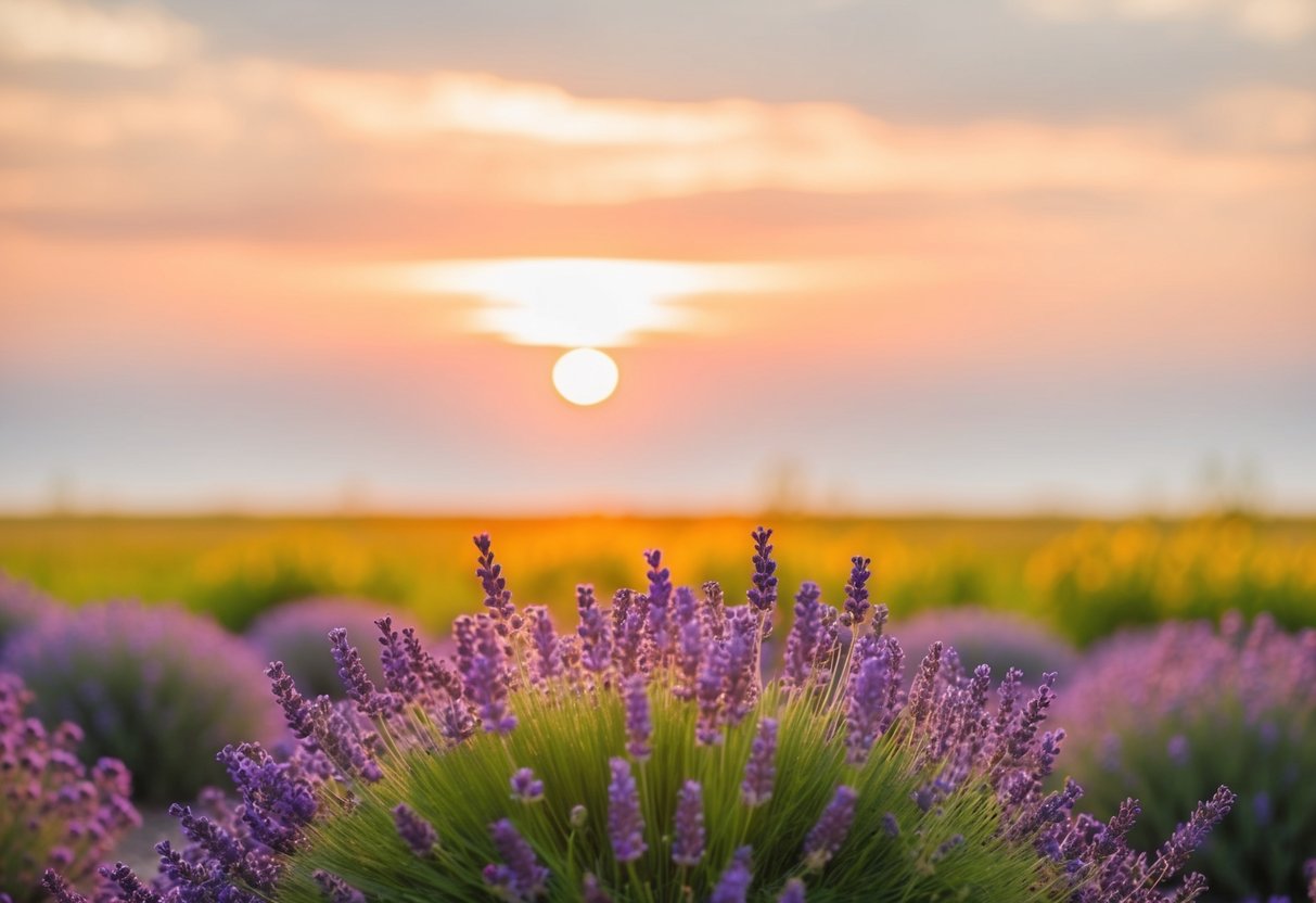 A serene sunset casting a warm, golden glow over a field of blooming lavender flowers