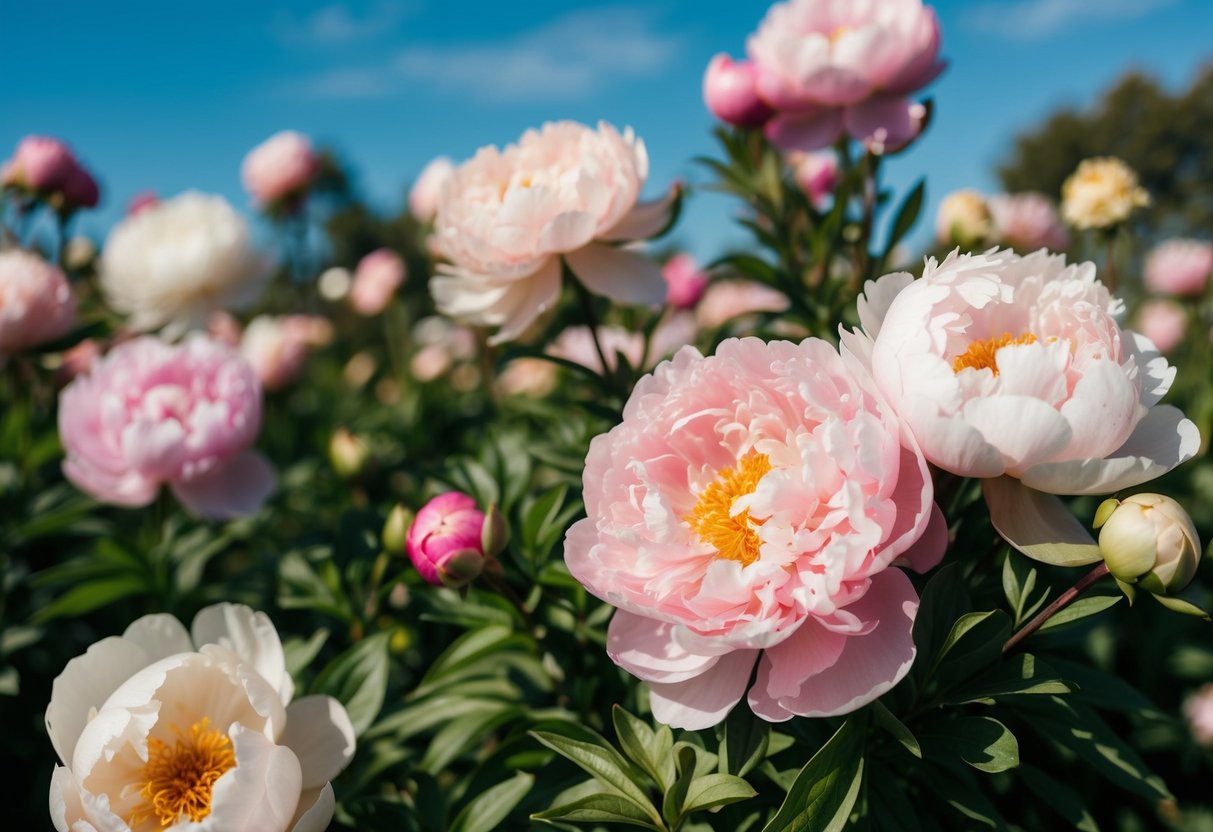 A garden filled with blooming peonies in shades of soft pink, blush, and cream, with delicate green foliage and a clear blue sky overhead