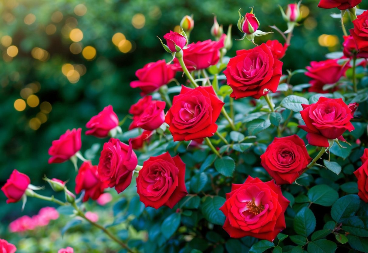 A garden filled with vibrant red roses, symbolizing love and romance, with delicate petals and lush green foliage