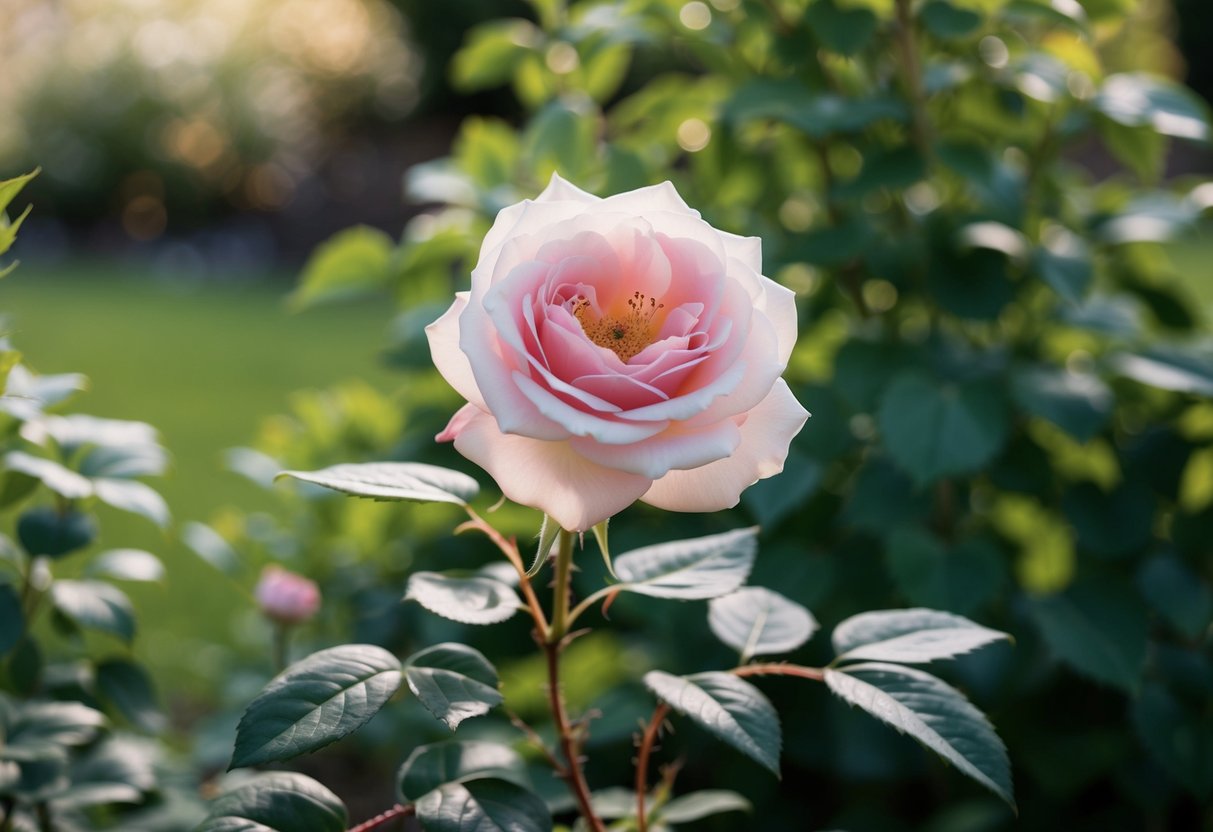 A single Juliet rose blooms in a well-tended garden, surrounded by healthy green foliage and a gentle breeze