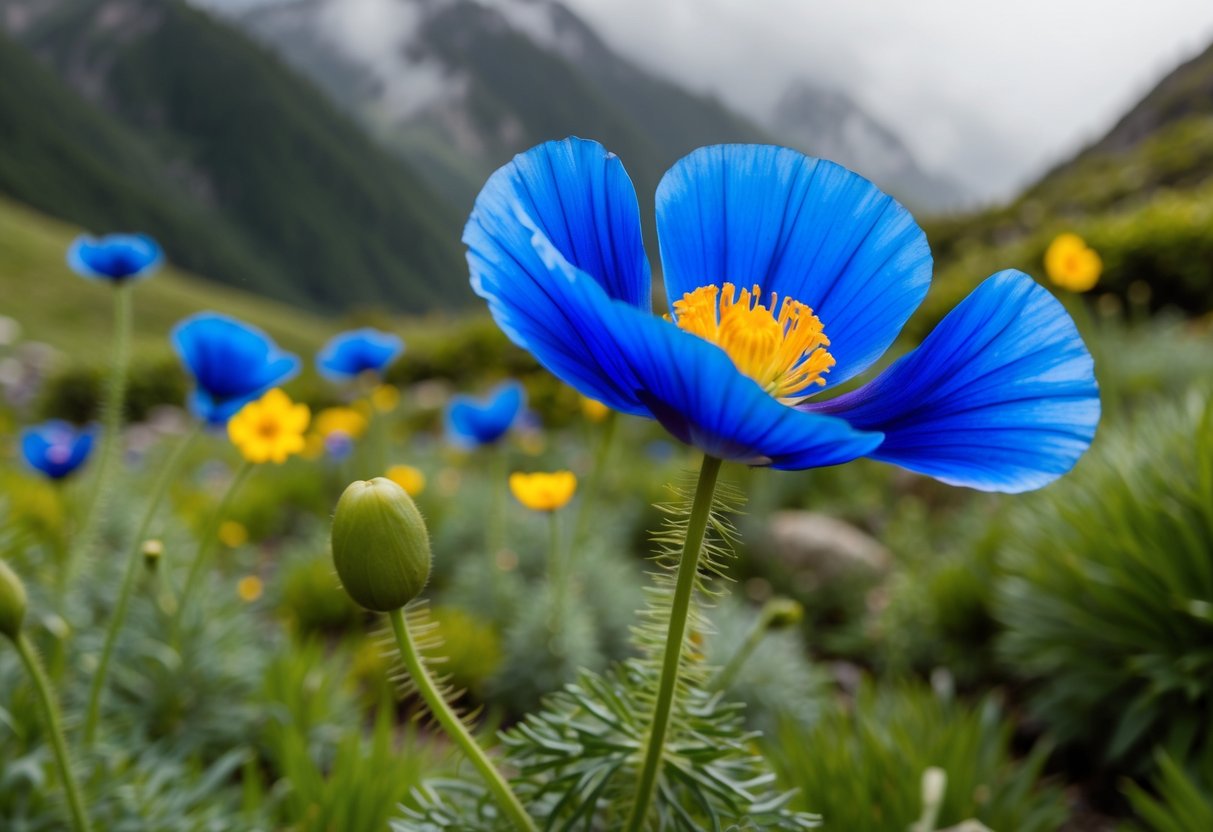 A vibrant, rare blue Himalayan poppy blooms in a lush, misty mountain garden