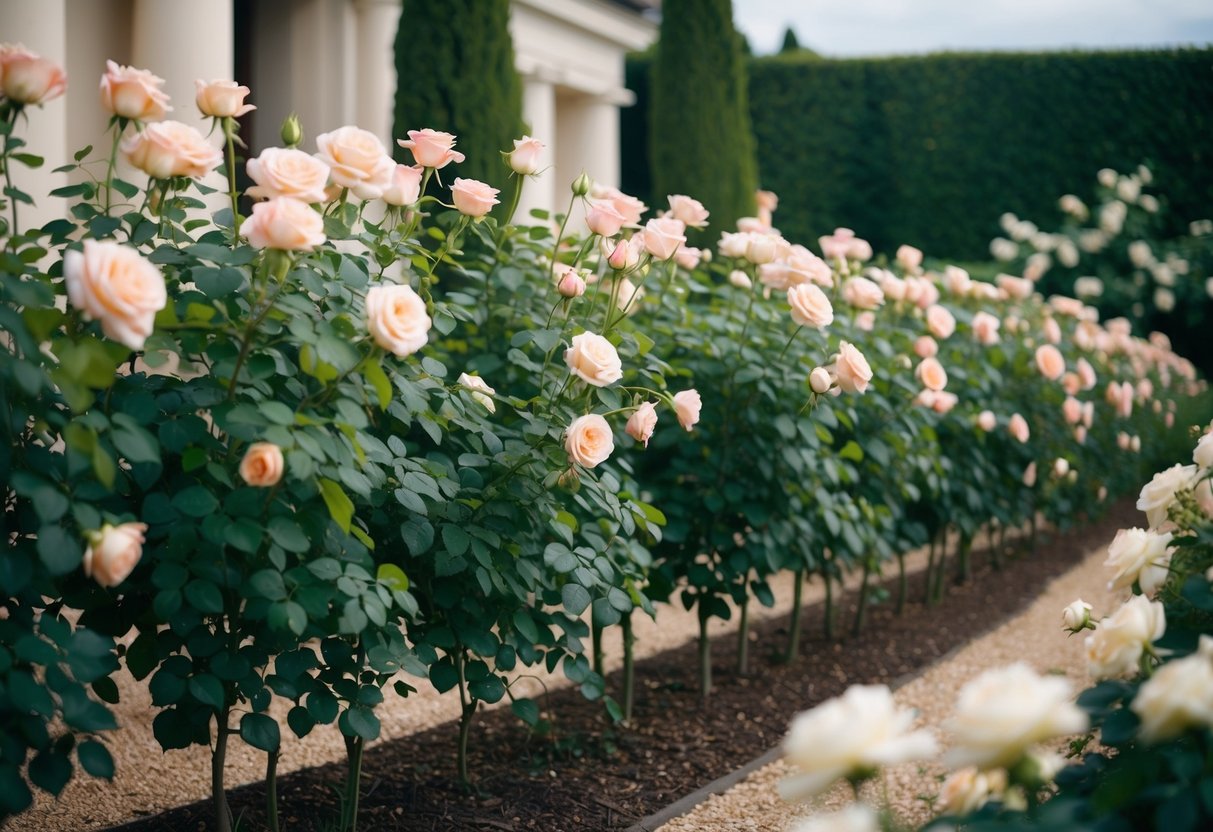 A lush garden with rows of meticulously tended Juliet roses, surrounded by elegant and luxurious surroundings