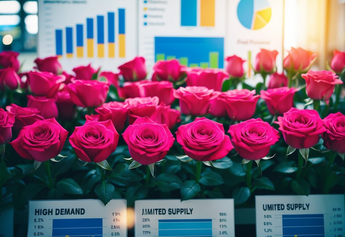A bustling flower market with high demand and limited supply of Juliet roses, surrounded by charts and graphs showing economic factors