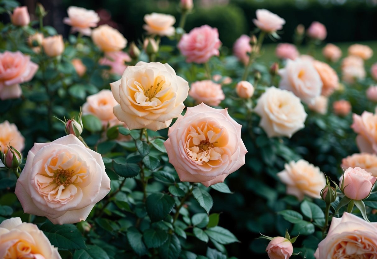 A lush garden filled with Juliet roses in full bloom, their delicate petals in shades of peach and pink, emitting a sweet, intoxicating fragrance
