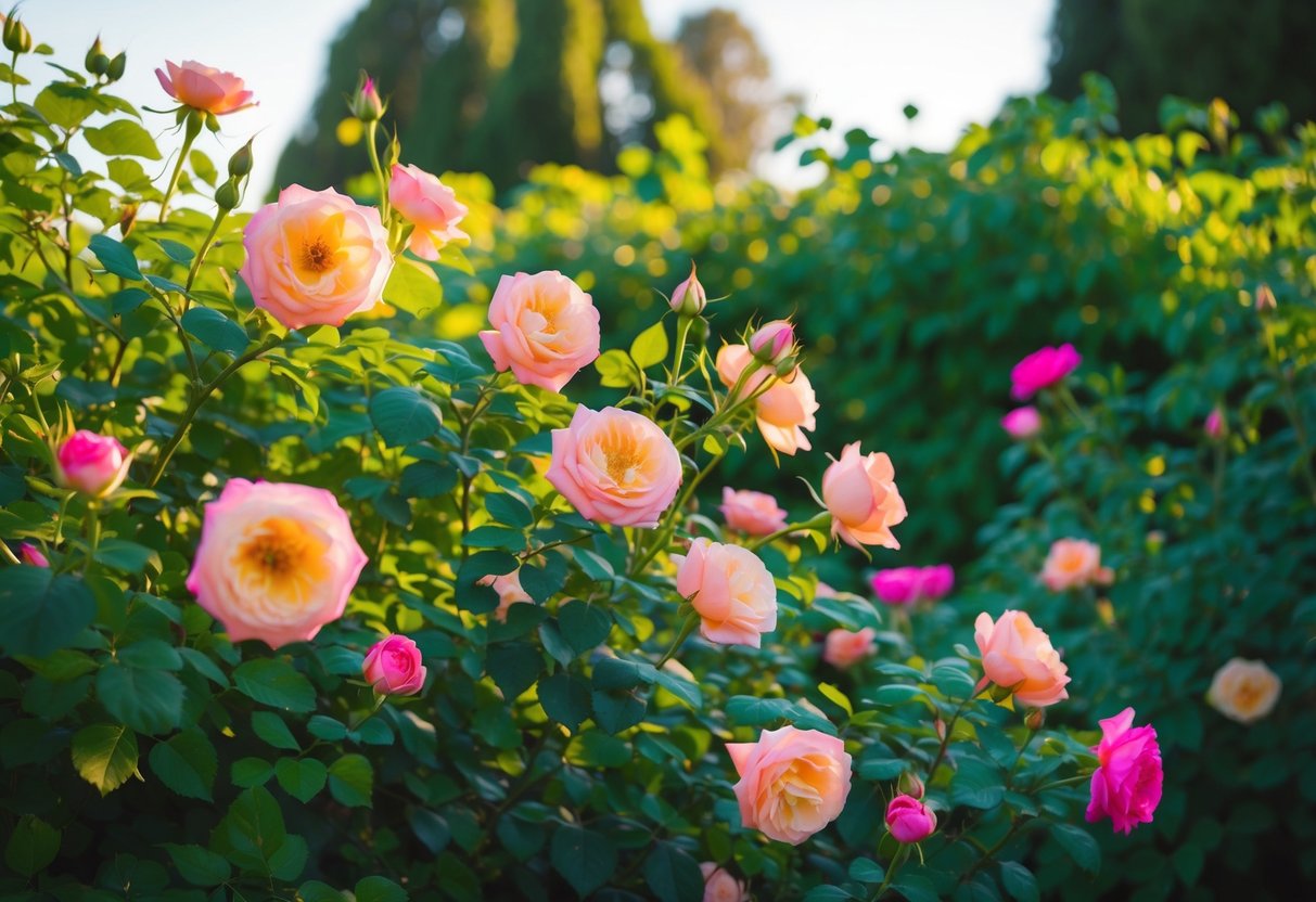 A lush garden with vibrant Juliet roses in full bloom, surrounded by green foliage and bathed in warm sunlight