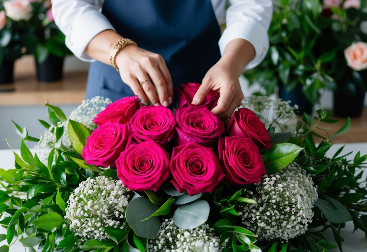 A florist carefully arranging vibrant roses in a luxurious bouquet, surrounded by lush greenery and delicate baby's breath
