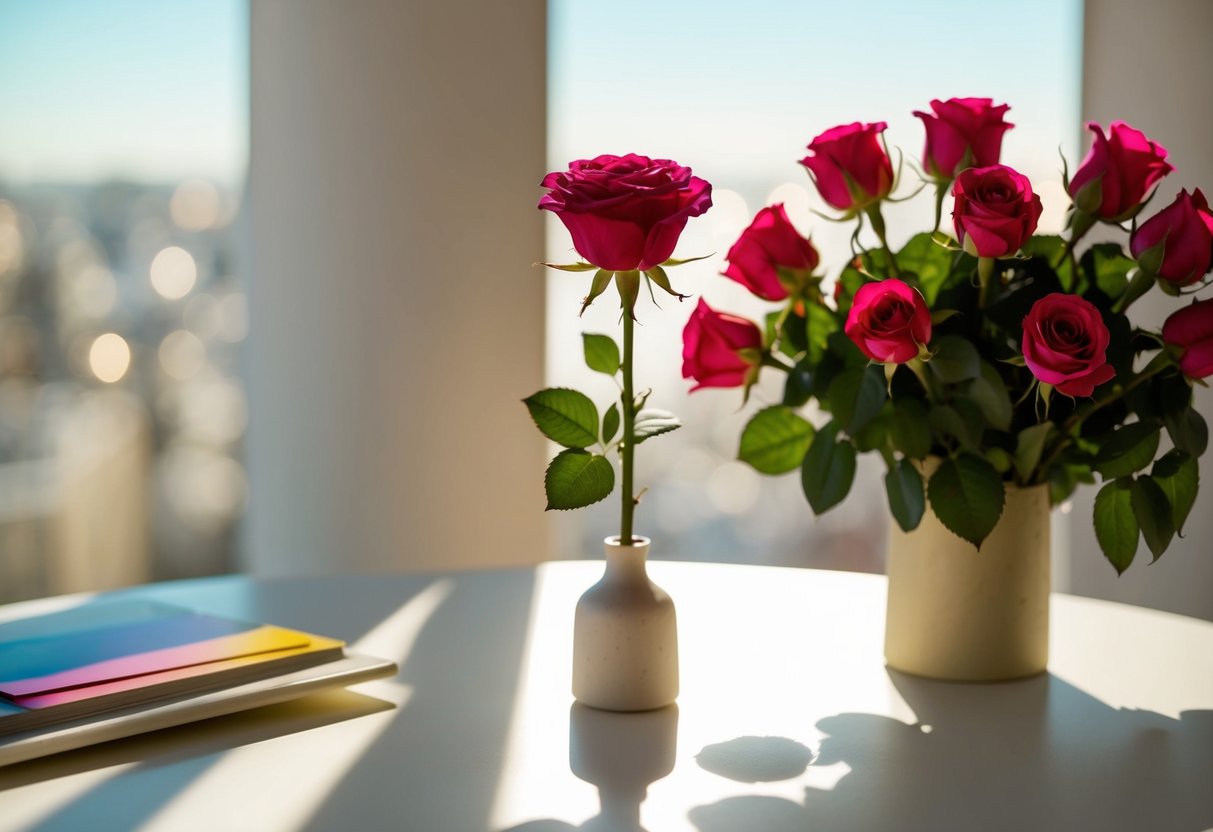 A single rose stands tall in a simple vase, casting a delicate shadow on a sunlit table. A bouquet of roses sits nearby, their vibrant colors blending together in a beautiful display