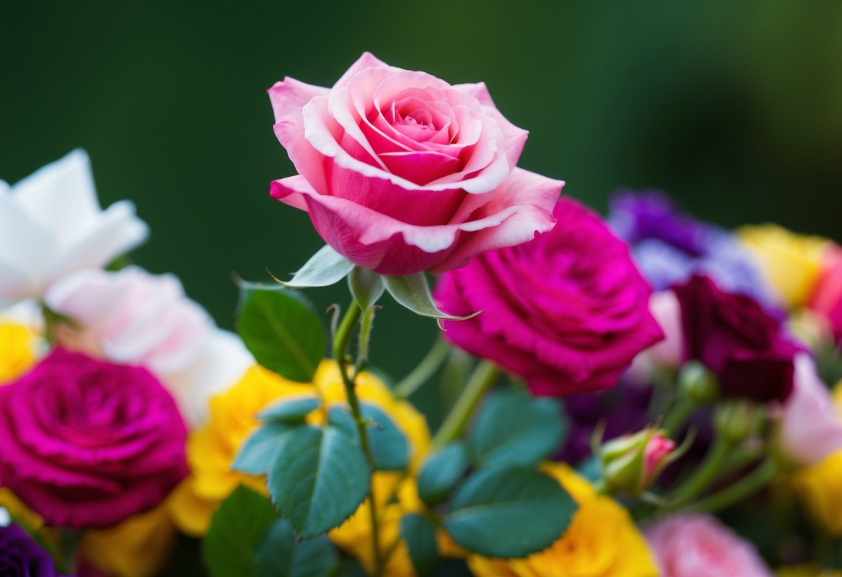 A single rose stands out against a colorful bouquet, drawing attention to its delicate beauty