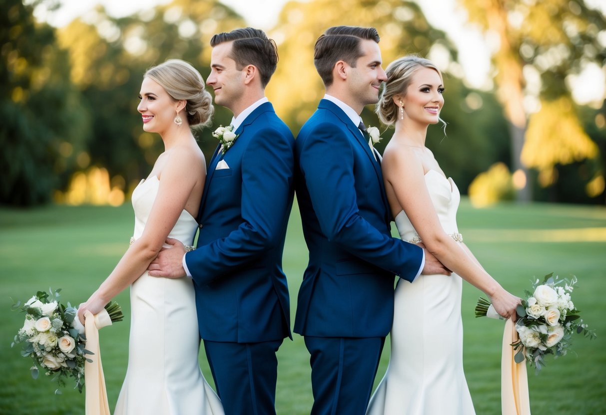 A bride and groom stand side by side, both wearing matching colors in their wedding attire