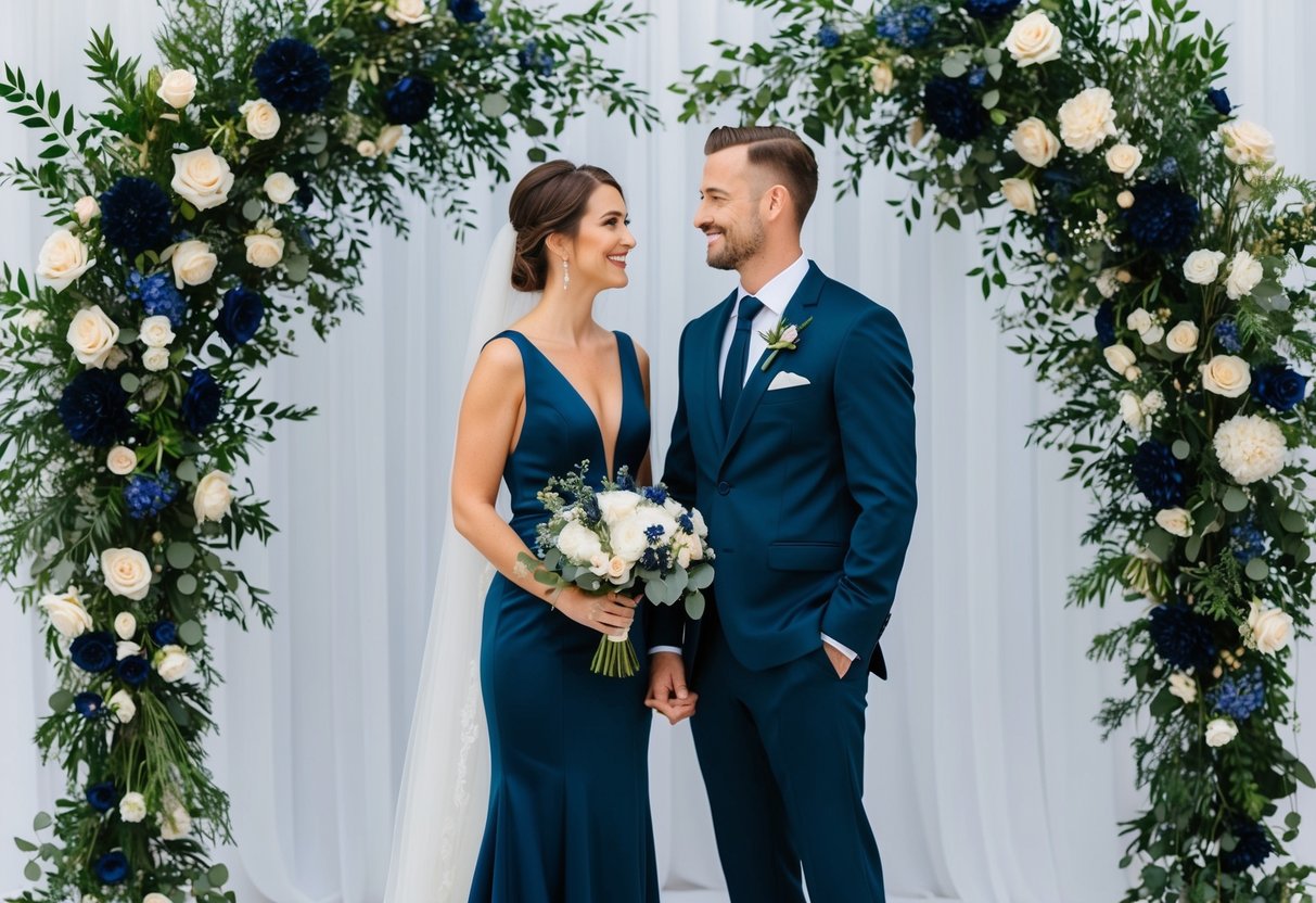 A bride and groom stand side by side, both wearing matching shades of deep navy blue, surrounded by coordinating floral arrangements and decor in the same color palette