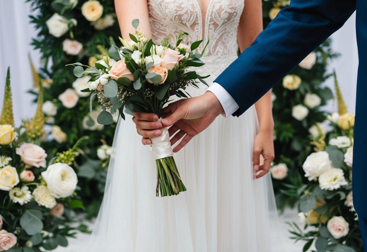 A groom's hand holding out a bouquet to a bride, surrounded by various floral arrangements and a wedding backdrop