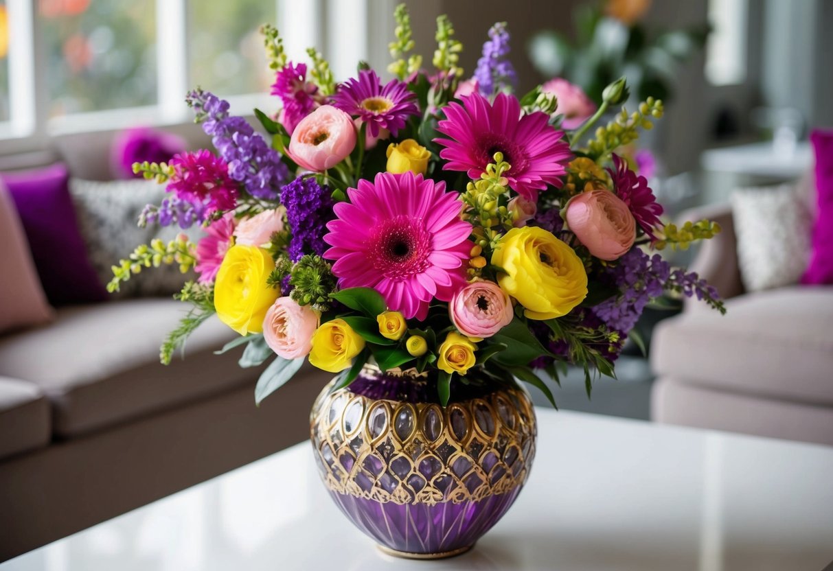 A vibrant bouquet of assorted flowers in shades of pink, purple, and yellow, arranged in a decorative vase