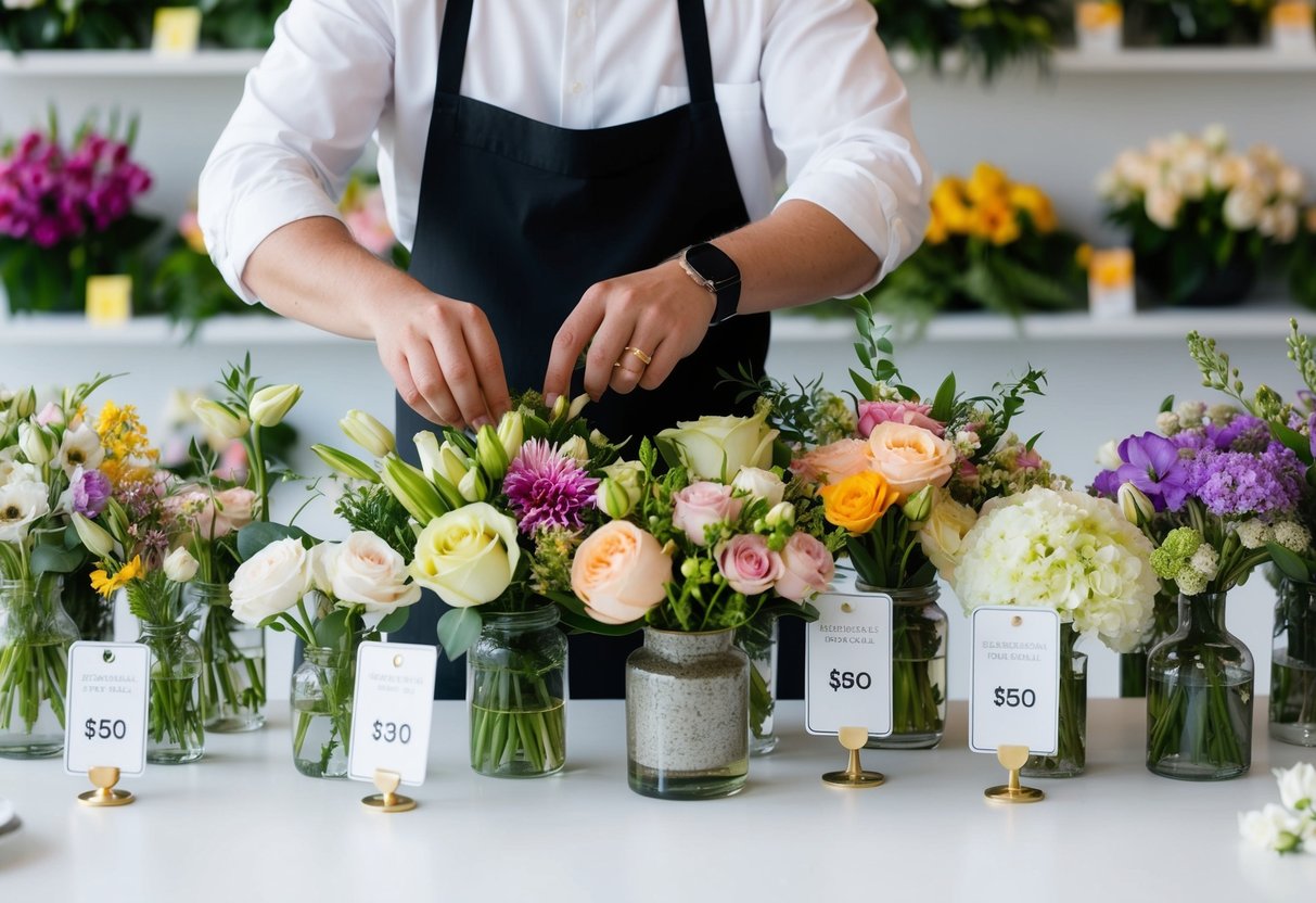 A florist arranging a variety of flowers in different colors and sizes for a wedding, with price tags displayed nearby
