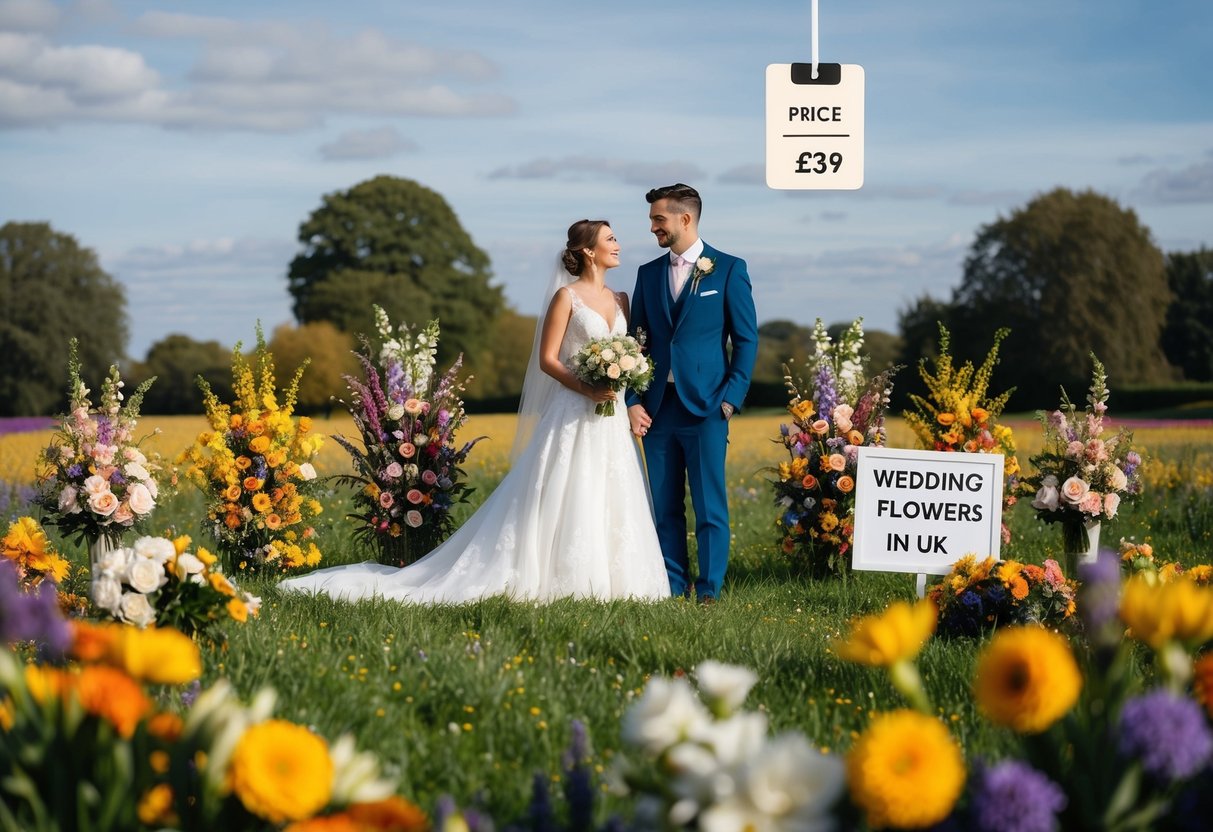 A bride and groom stand in a field of colorful seasonal flowers, surrounded by various arrangements. A price tag hovers nearby, indicating the average cost for wedding flowers in the UK