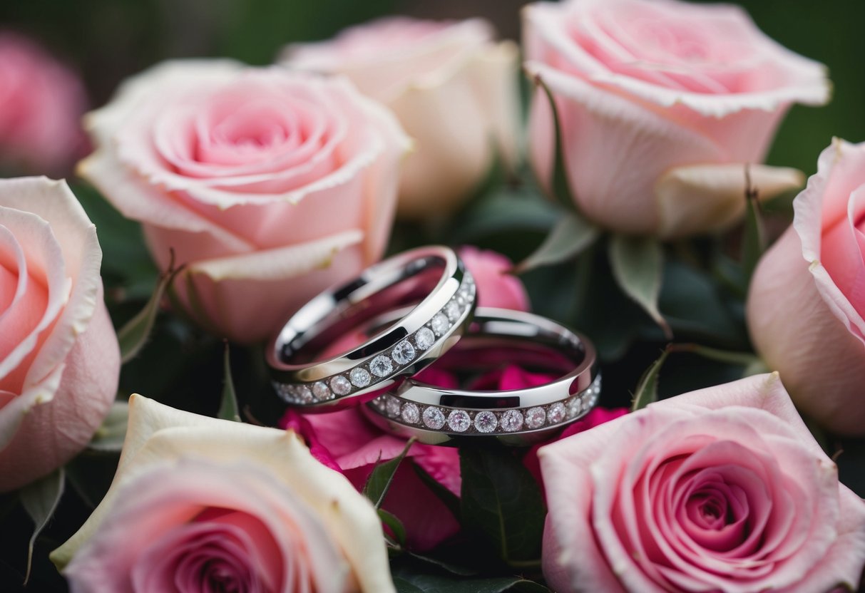A pair of entwined wedding rings resting on a bed of roses