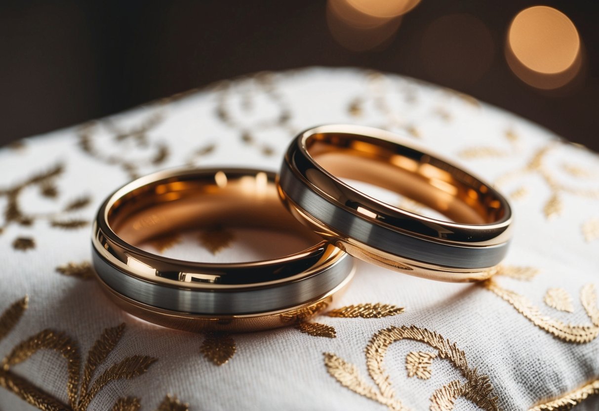 A pair of interlocking wedding rings placed on a decorative pillow
