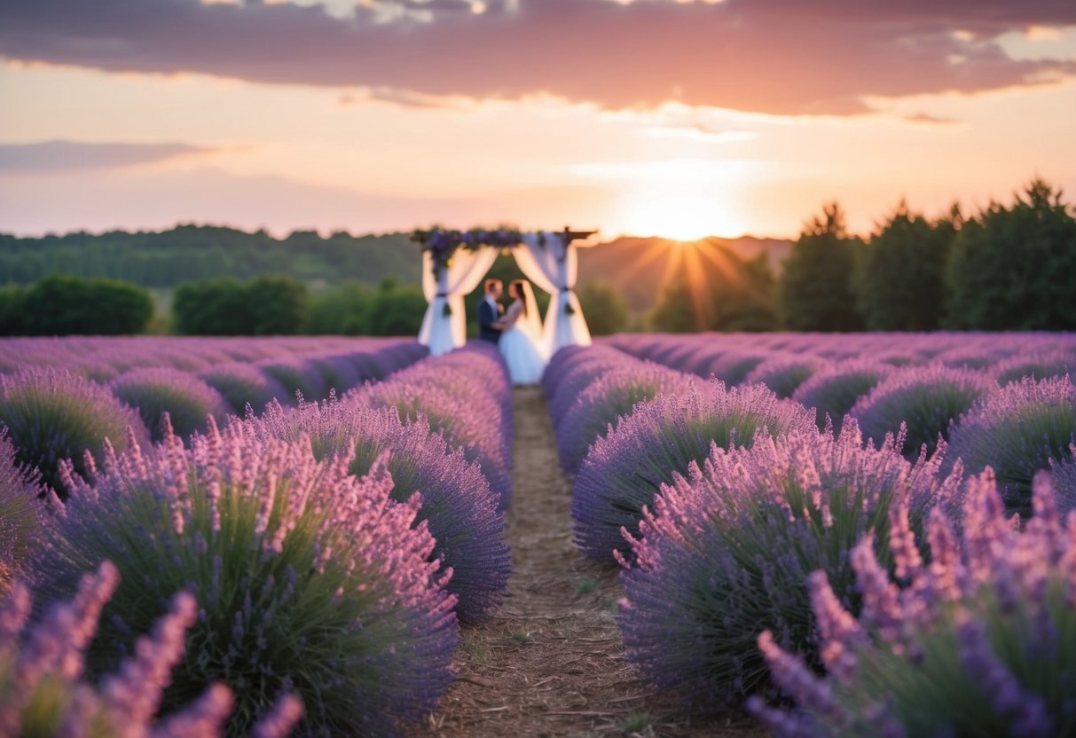 A lavender field at sunset, with the soft purple hues casting a calming influence over a wedding ceremony