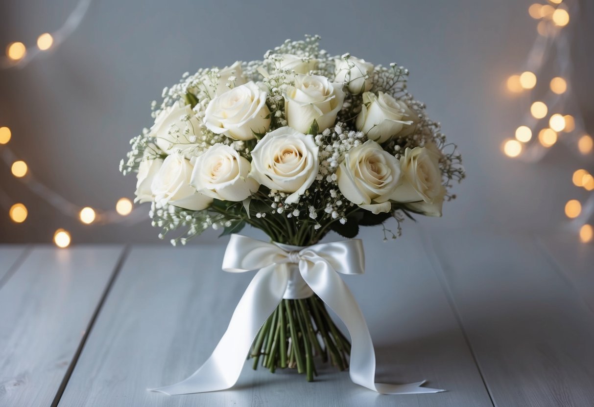 A bouquet of white roses and baby's breath tied with a satin ribbon