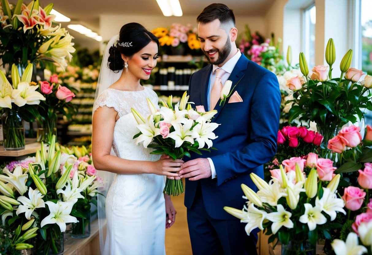 A bride and groom stand in a flower shop, surrounded by vibrant blooms. They carefully select a bouquet of white lilies and pink roses, symbolizing purity and love for their wedding congratulations