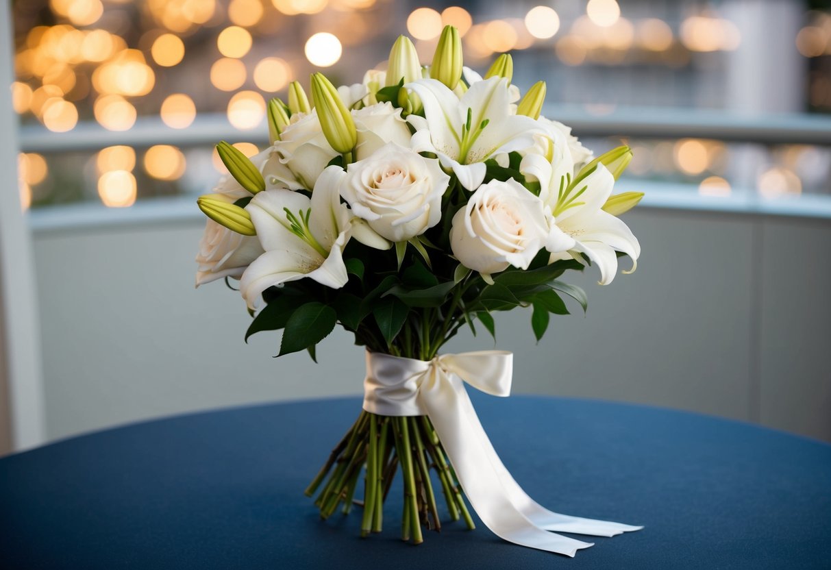 A bouquet of white roses and lilies, tied with a satin ribbon, sits on a table
