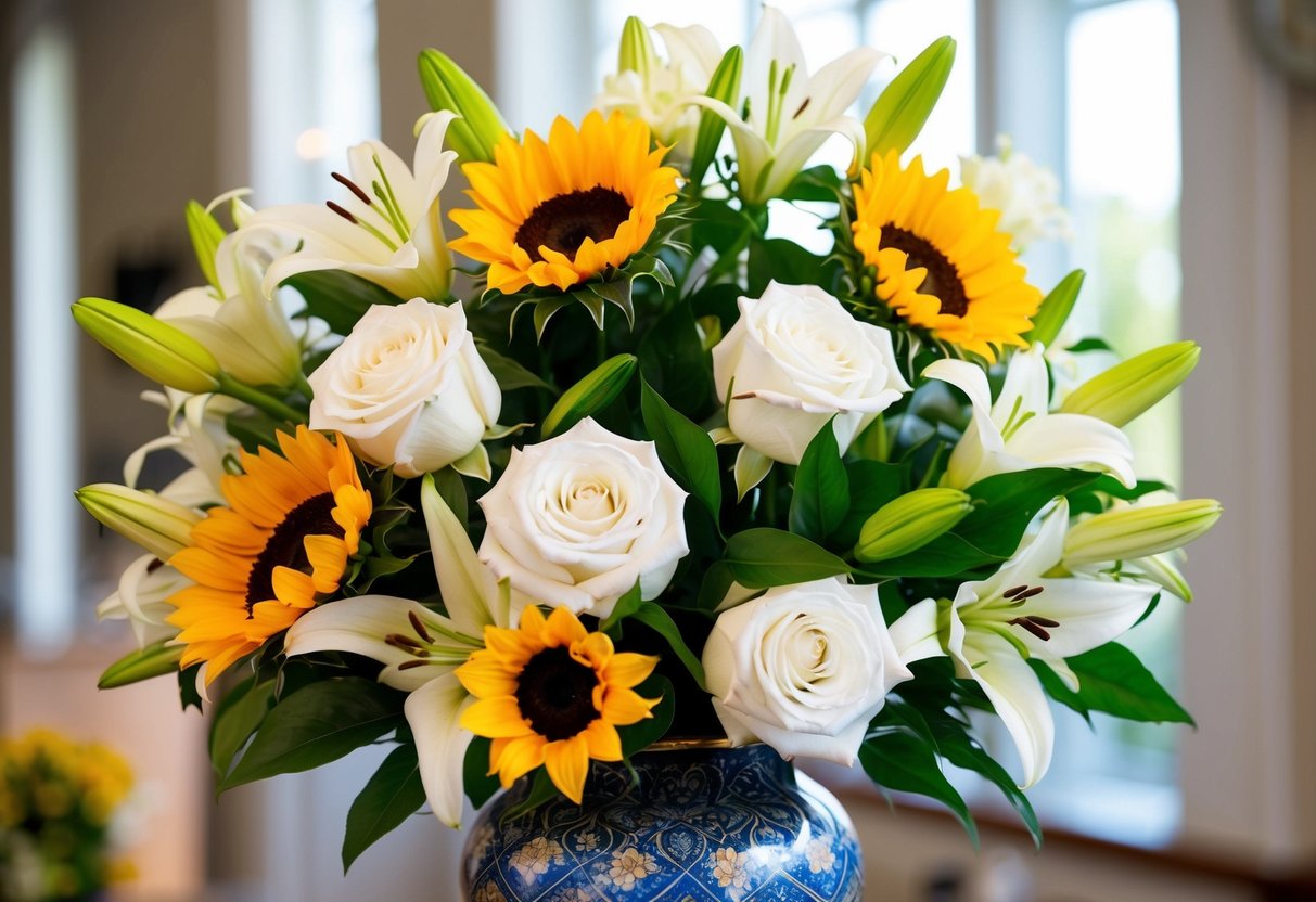 A vibrant bouquet of white roses, lilies, and sunflowers arranged in a decorative vase