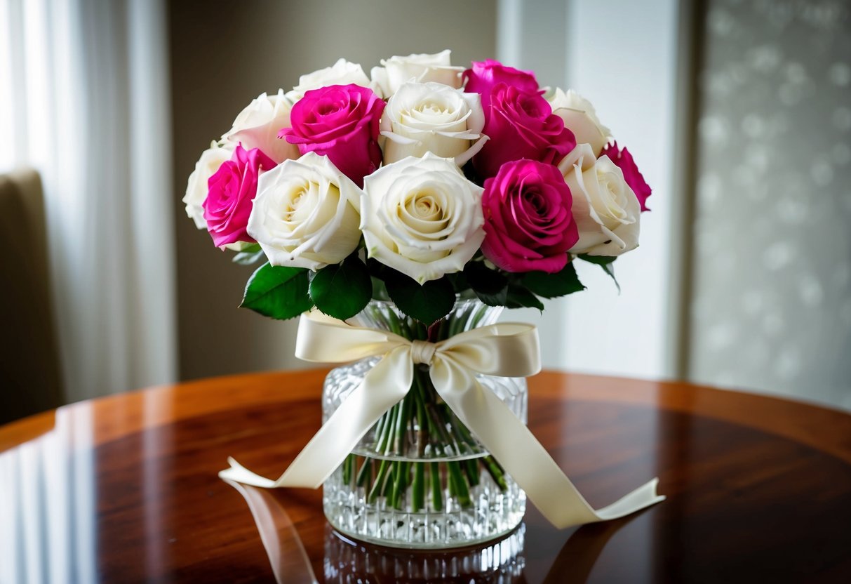 A bouquet of white and pink roses, tied with a satin ribbon, sits in a crystal vase on a polished wooden table