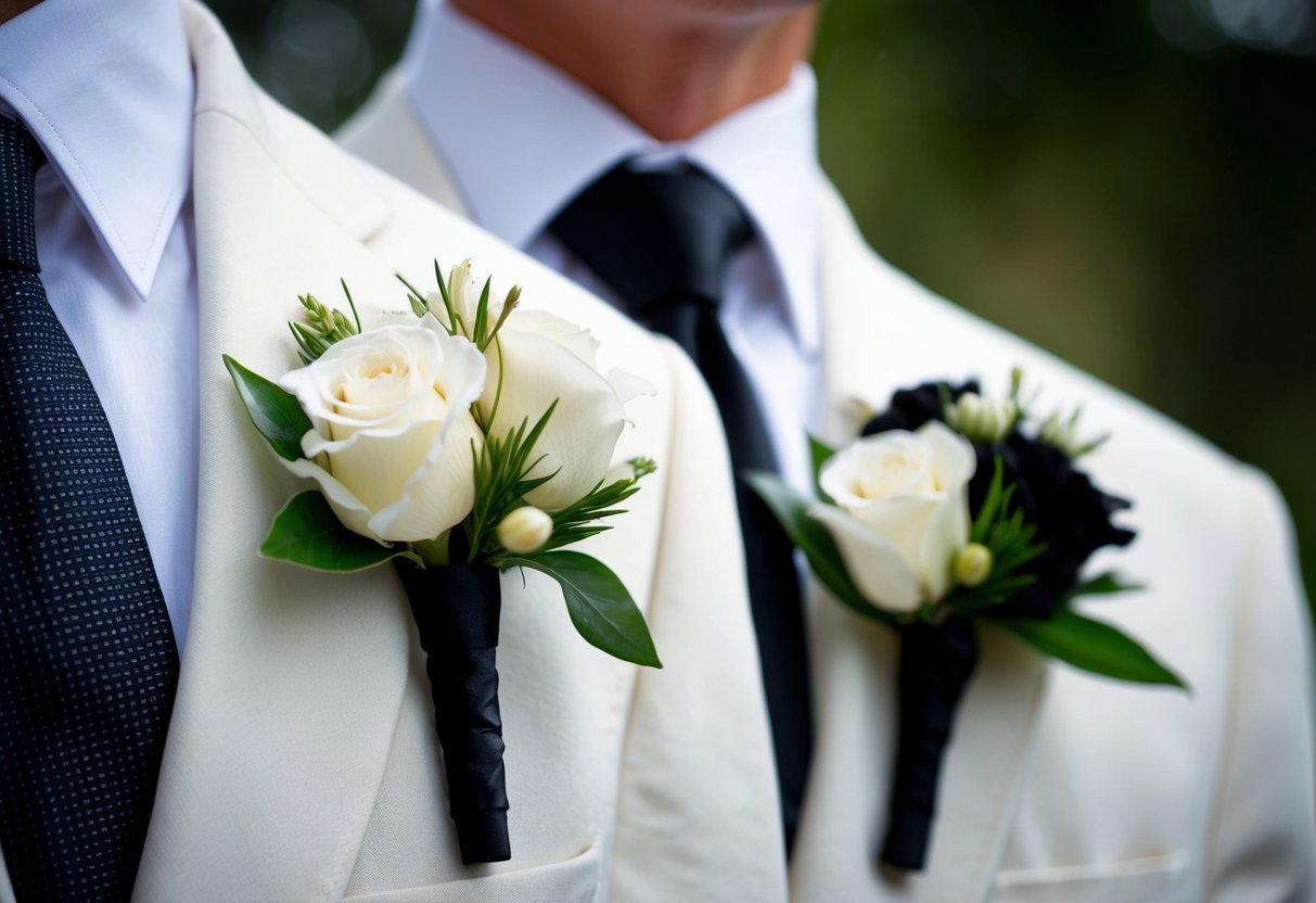 A close-up of two elegant buttonholes, one in white and the other in black, symbolizing the traditional roles of the father of the bride and the father of the groom in a wedding