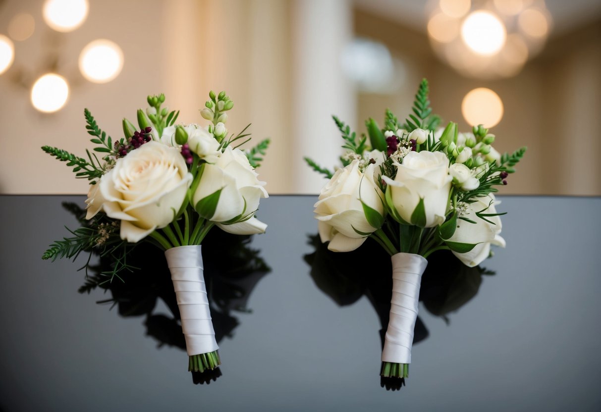A close-up of two boutonnieres, one for the father of the bride and one for the father of the groom, displayed on a elegant background