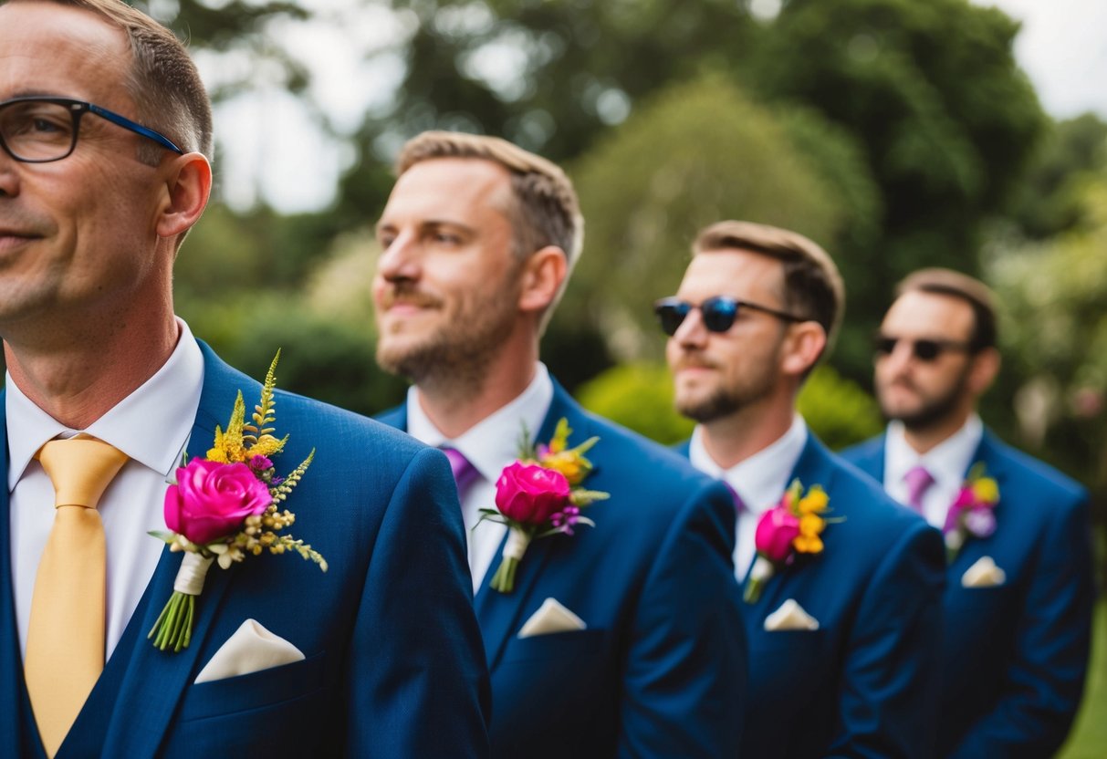 Vibrant floral buttonholes adorn the lapels of the father of the bride and groom, adding a pop of color to their elegant suits
