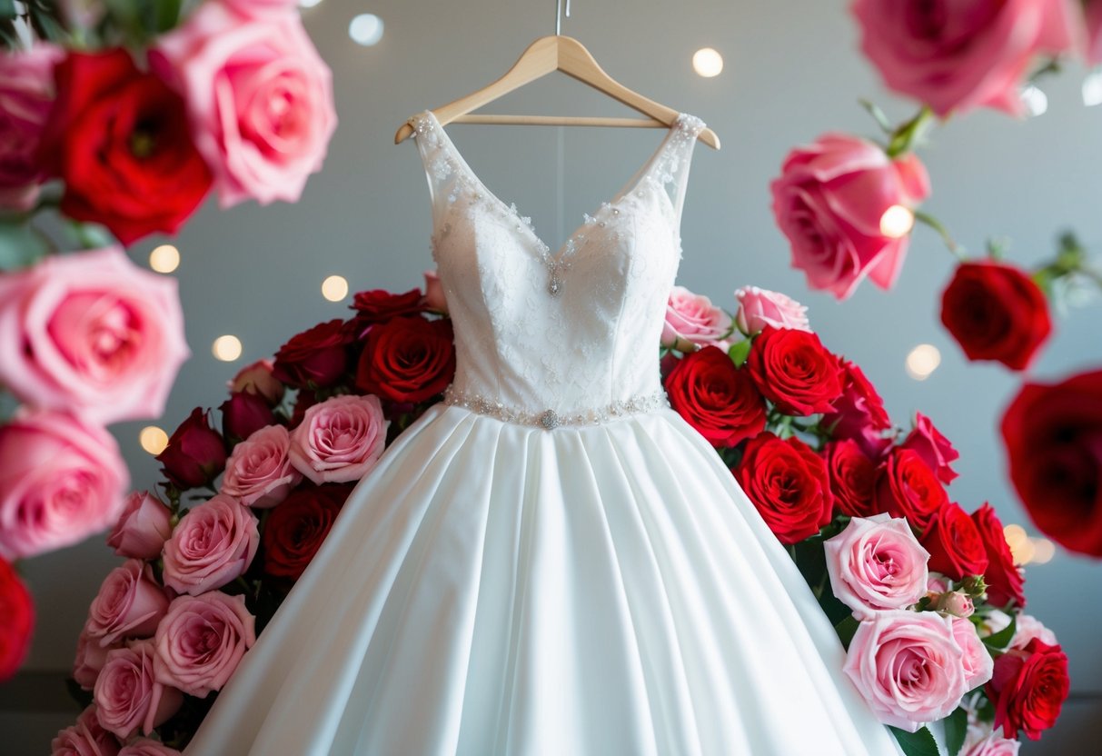 A white wedding dress surrounded by pink and red roses