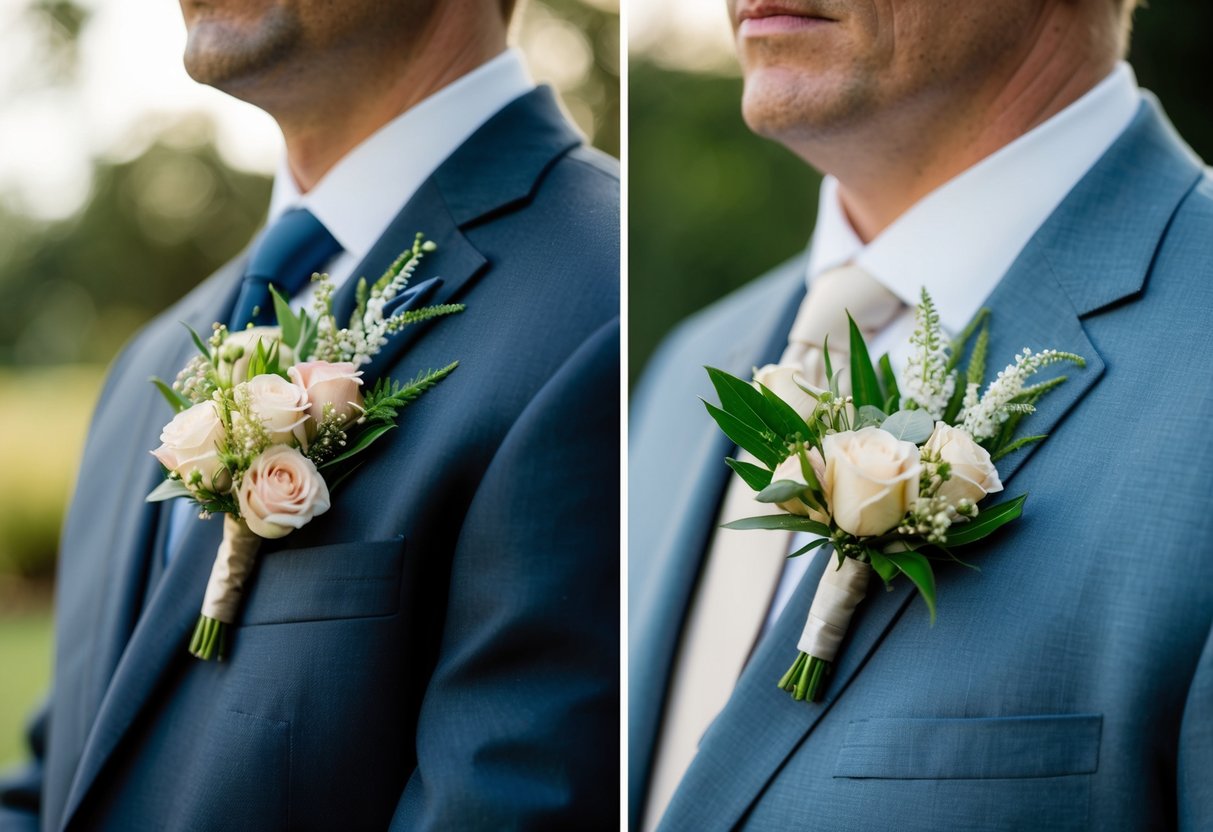A close-up of two elegant boutonnieres, one in a deep shade for the father of the bride and another in a lighter hue for the father of the groom