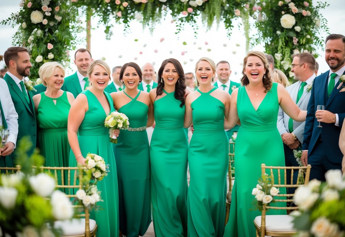 Guests wearing green at a wedding, surrounded by floral decorations and a joyful atmosphere