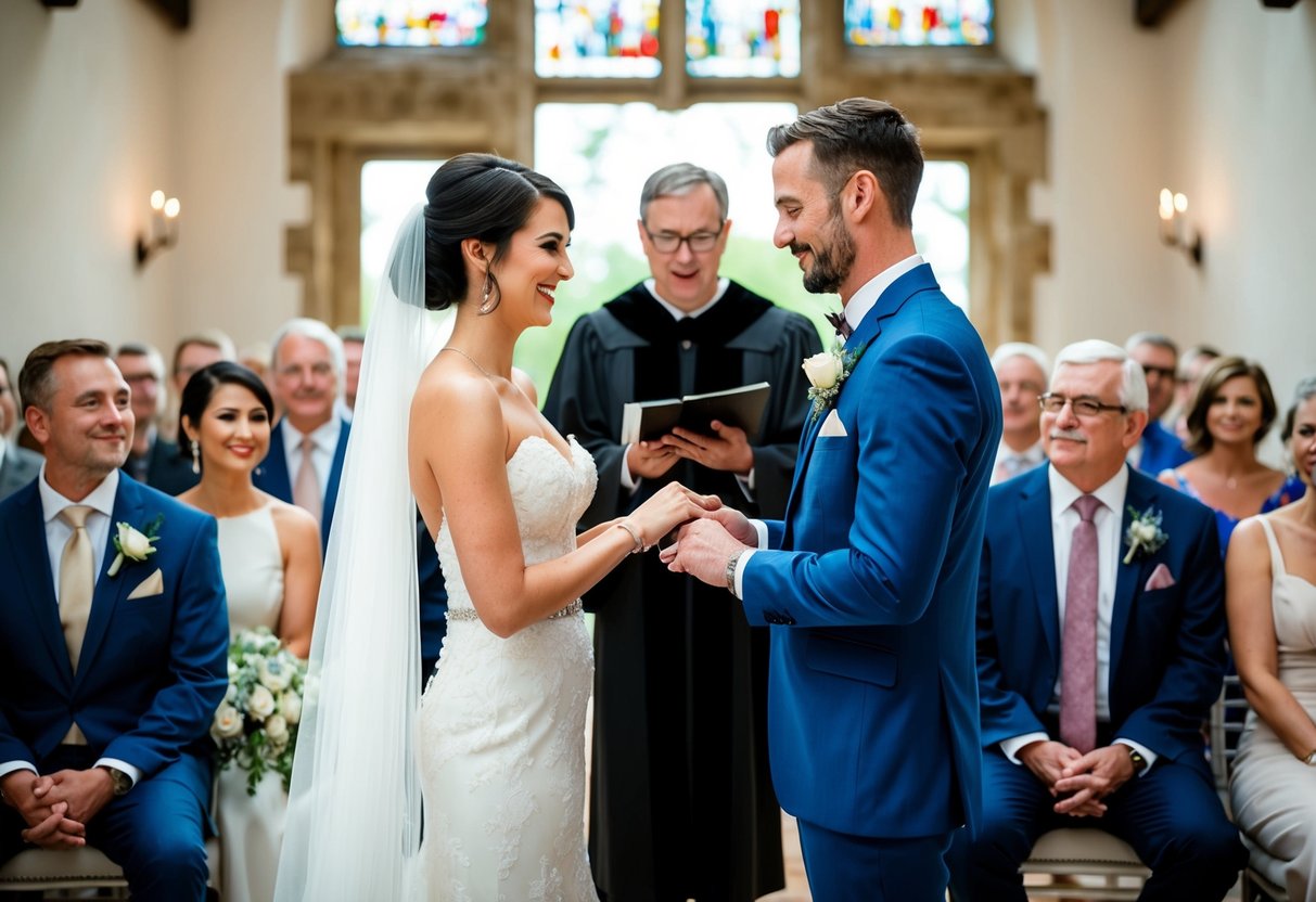 A bride and groom standing side by side, exchanging rings in front of an officiant, with family and friends seated in rows