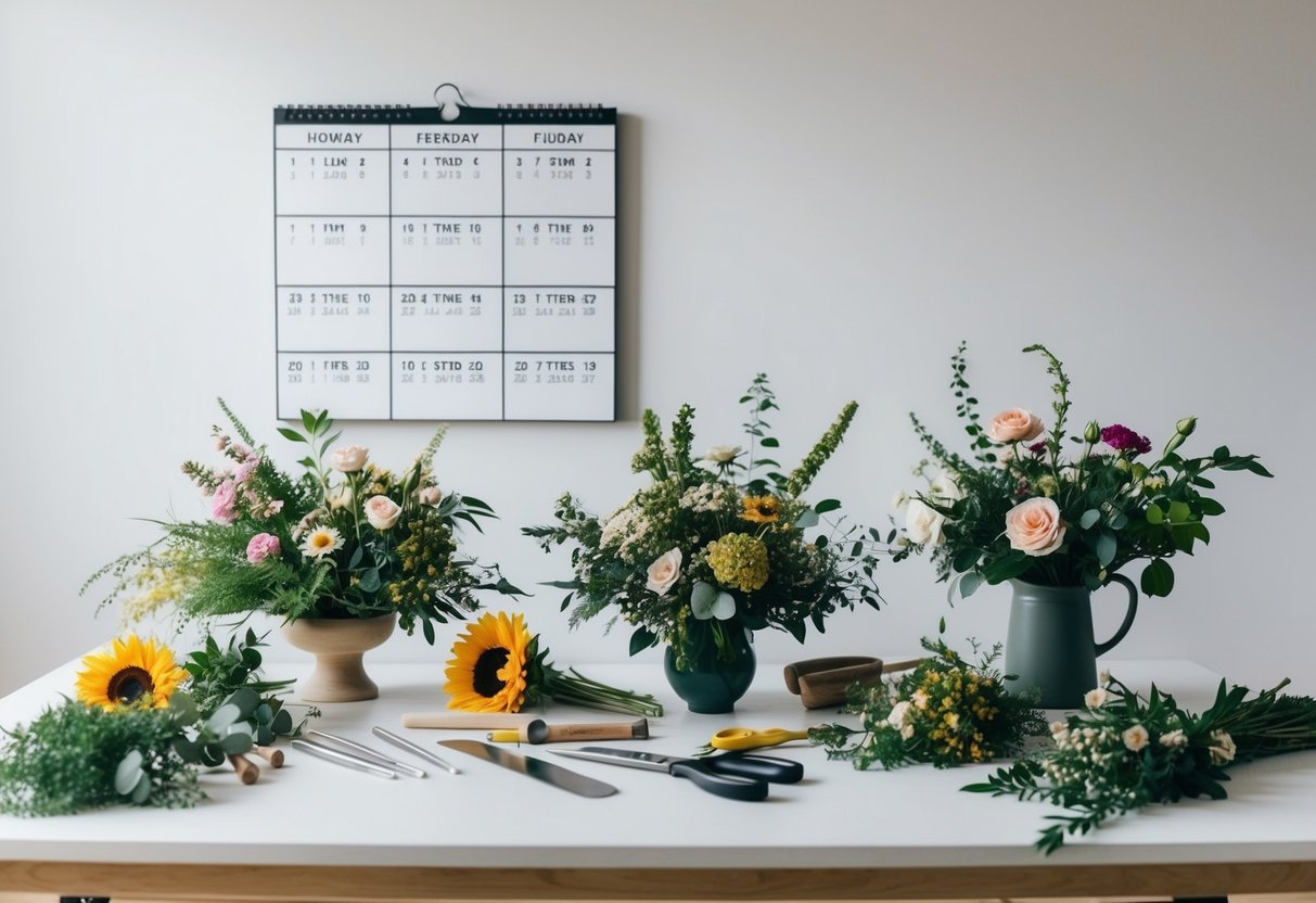 A table with various flowers, greenery, and tools laid out for making a bouquet. A calendar on the wall shows dates several days in advance