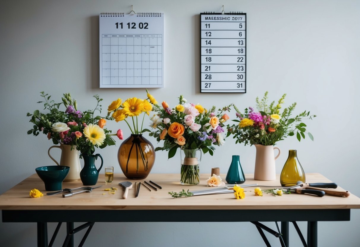 A table with various flowers, vases, and tools set up for arranging a bouquet. A calendar on the wall shows dates counting down
