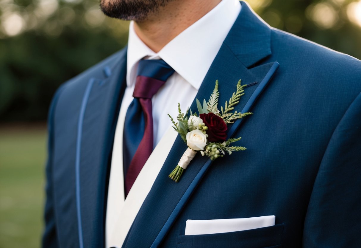A groom's suit lapel with a unique buttonhole in a contrasting color, such as a deep burgundy or navy blue, adding a pop of color