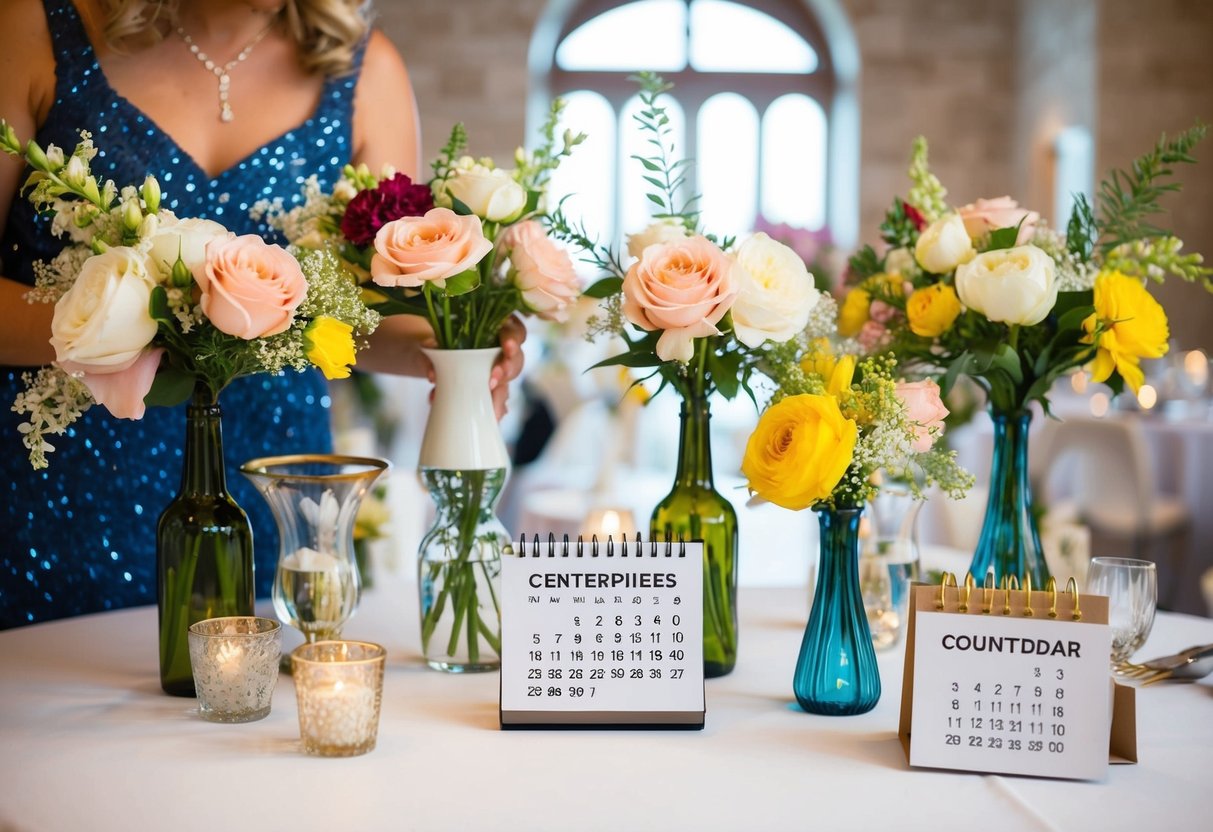 Centerpieces being created with flowers, vases, and decorative elements, with a calendar showing the countdown to the wedding day