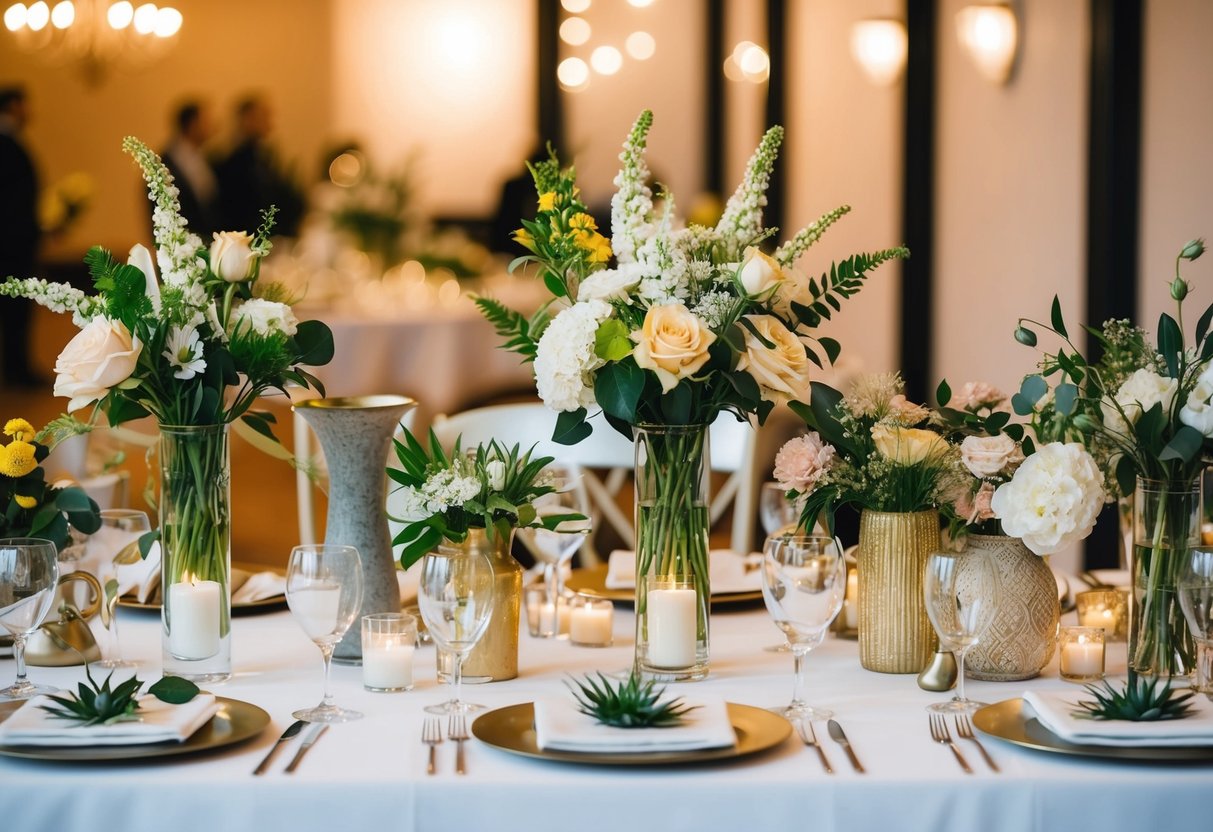 A table with various materials for making centerpieces, such as flowers, vases, and decorative elements, arranged neatly in preparation for the wedding