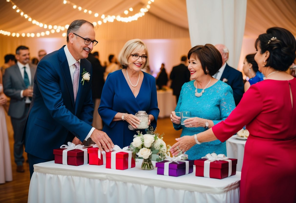 Parents of the bride overseeing the gift table and thanking guests at the reception