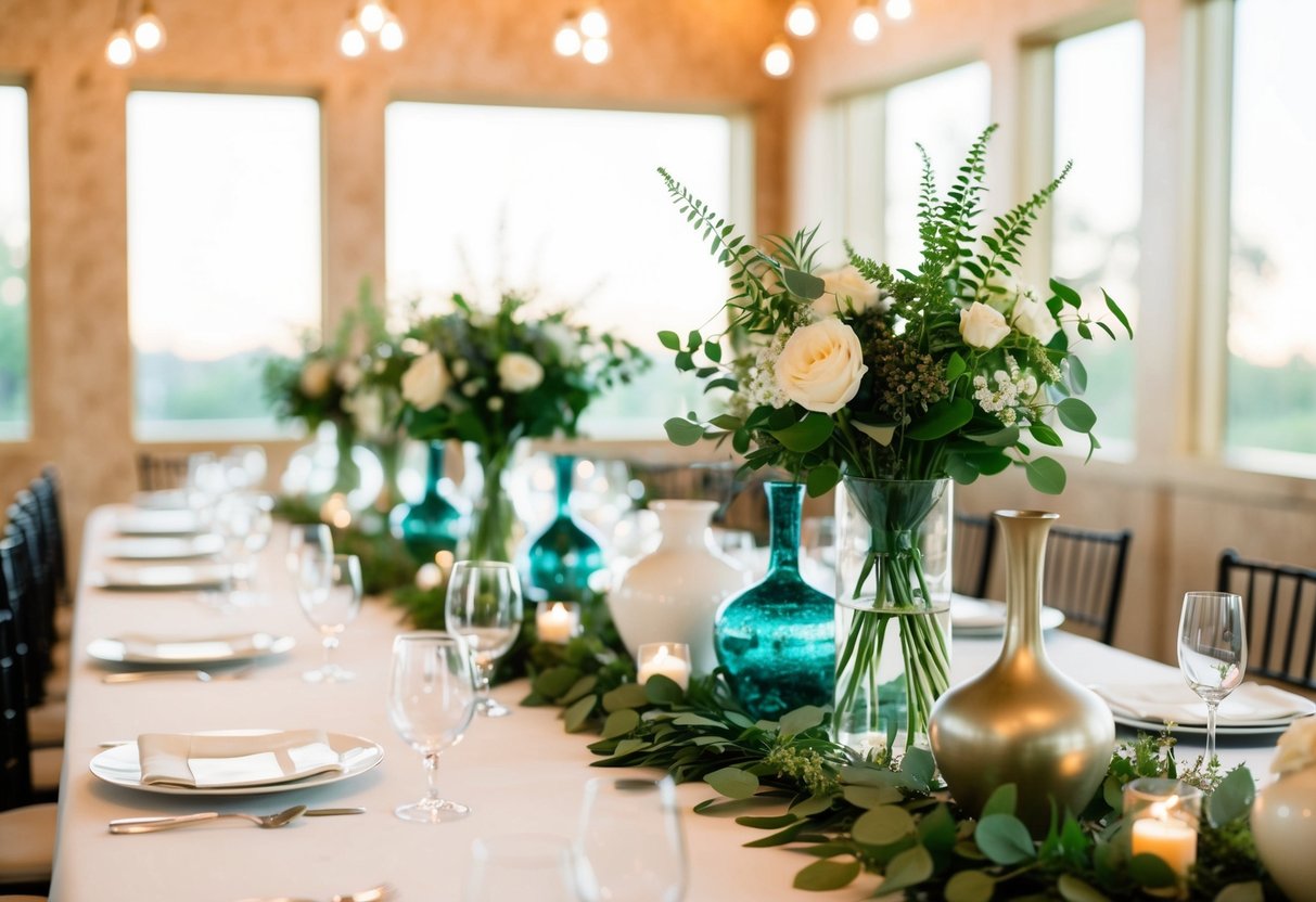 A table with assorted vases, flowers, and greenery laid out for creating wedding centerpieces
